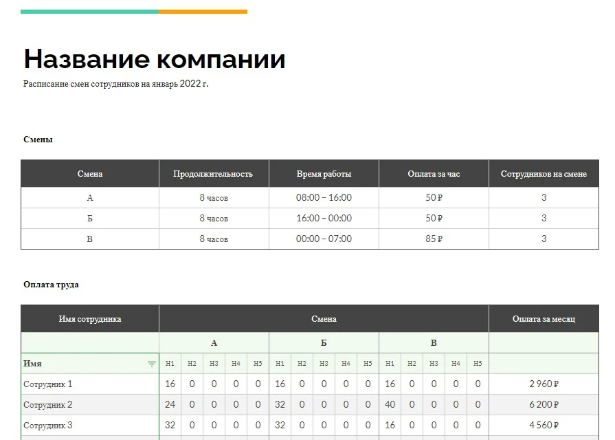 Google таблица шаблон расписание смен сотрудников.