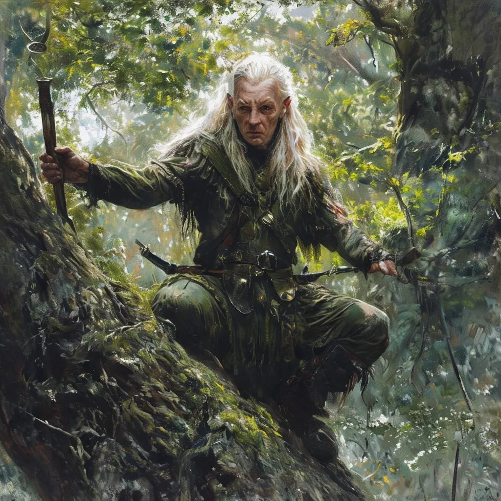 Лесной эльф (Wood Elf)/Босмер (Bosmer) 1 Лесной эльф с луком, стоящий на ветке огромного дерева.