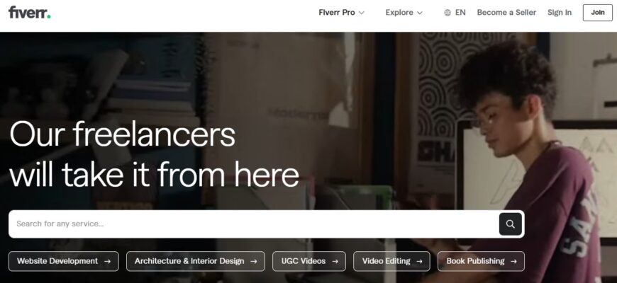 Интерфейс сервиса Fiverr для поиска фриланс-услуг