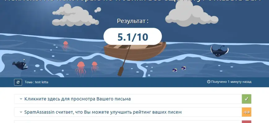 Результат теста письма в сервисе mail-tester.