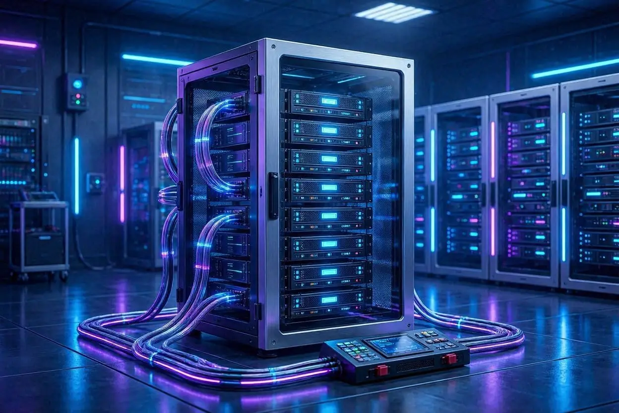 a high tech glowing game server rack inside a futuristic cyb